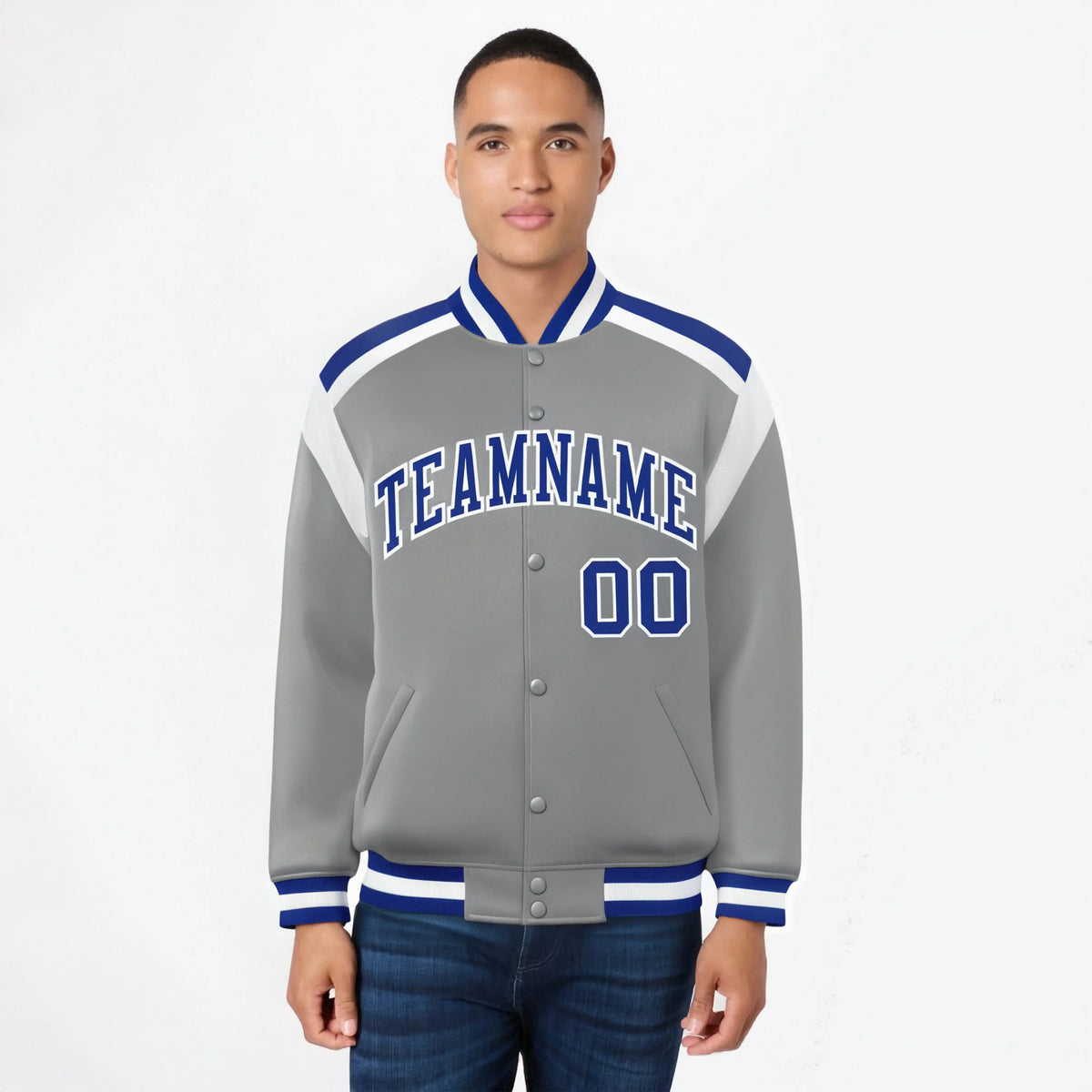 Custom Gray Blue-White Bomber Full-Snap Varsity Letterman Shoulder Stripe Jacket