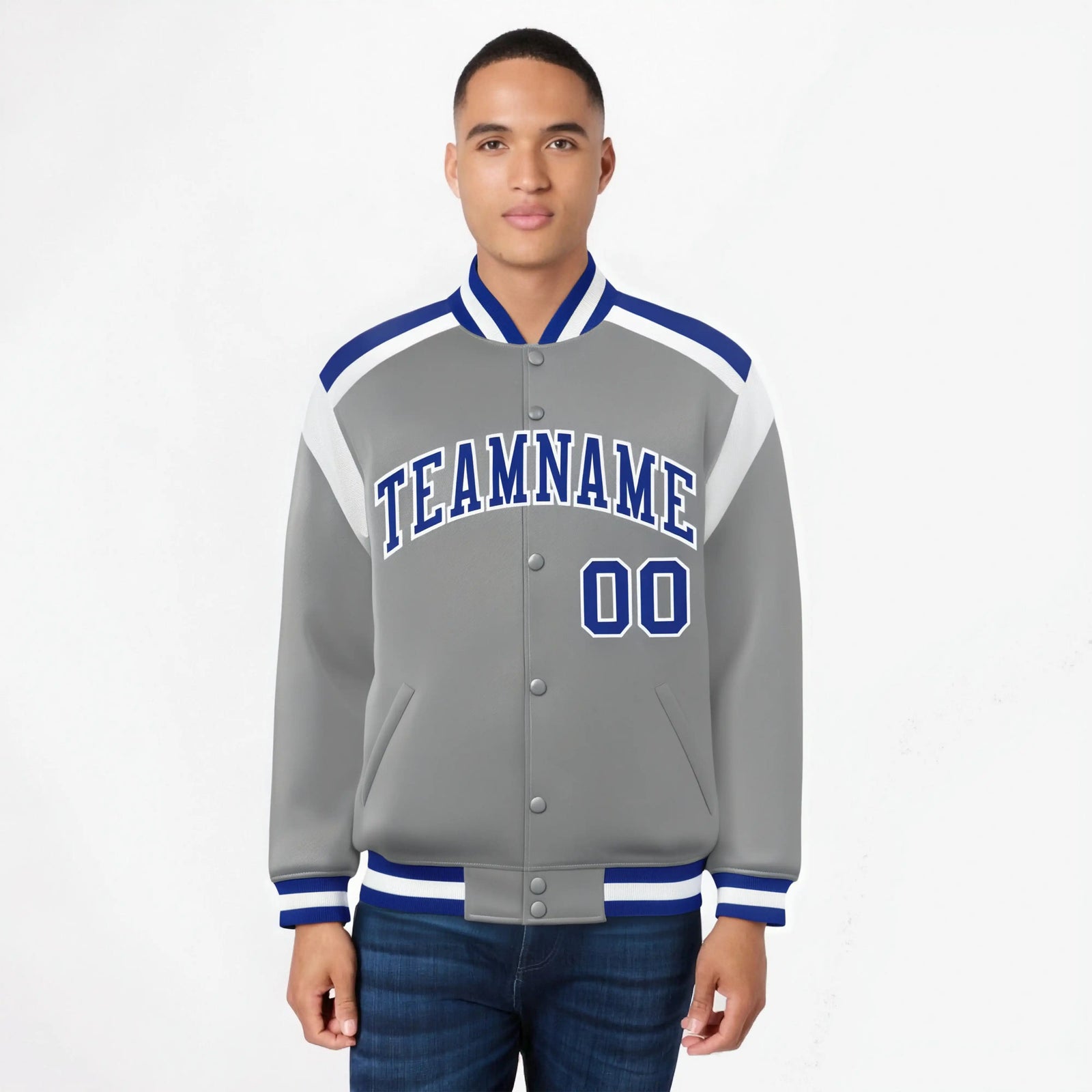 Custom Gray Blue-White Bomber Full-Snap Varsity Letterman Shoulder Stripe Jacket