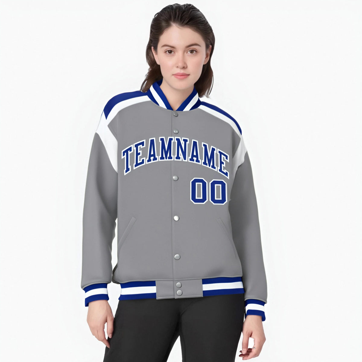 Custom Gray Blue-White Bomber Full-Snap Varsity Letterman Shoulder Stripe Jacket