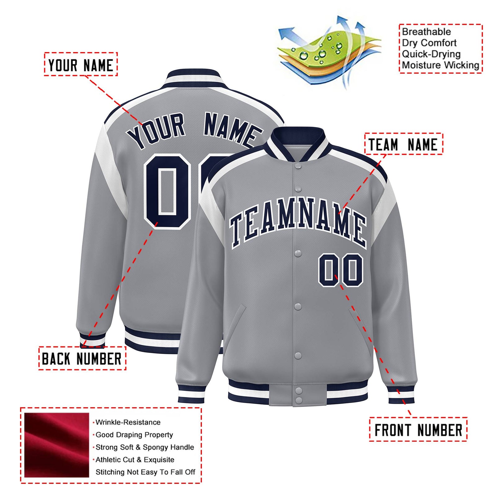 Custom Gray Navy-White Bomber Full-Snap Varsity Letterman Shoulder Stripe Jacket