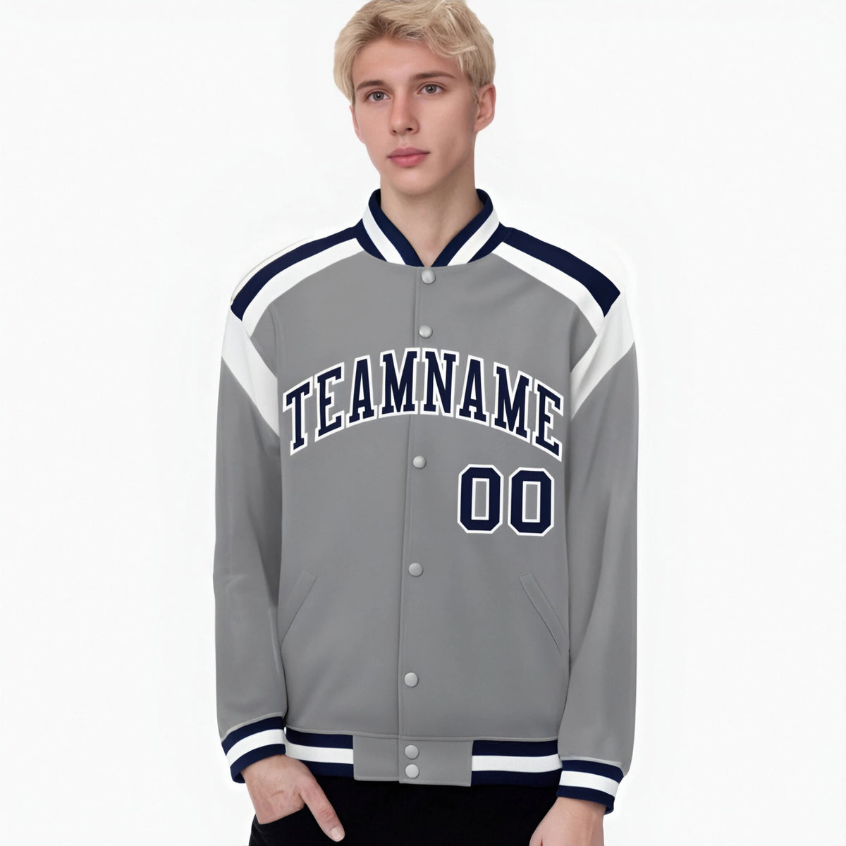 Custom Gray Navy-White Bomber Full-Snap Varsity Letterman Shoulder Stripe Jacket