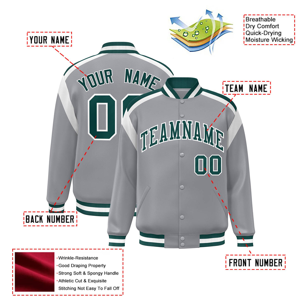 Custom Gray Green-White Bomber Full-Snap Varsity Letterman Shoulder Stripe Jacket