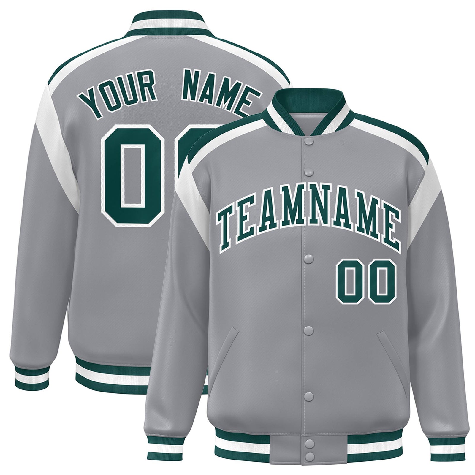 Custom Gray Green-White Bomber Full-Snap Varsity Letterman Shoulder Stripe Jacket
