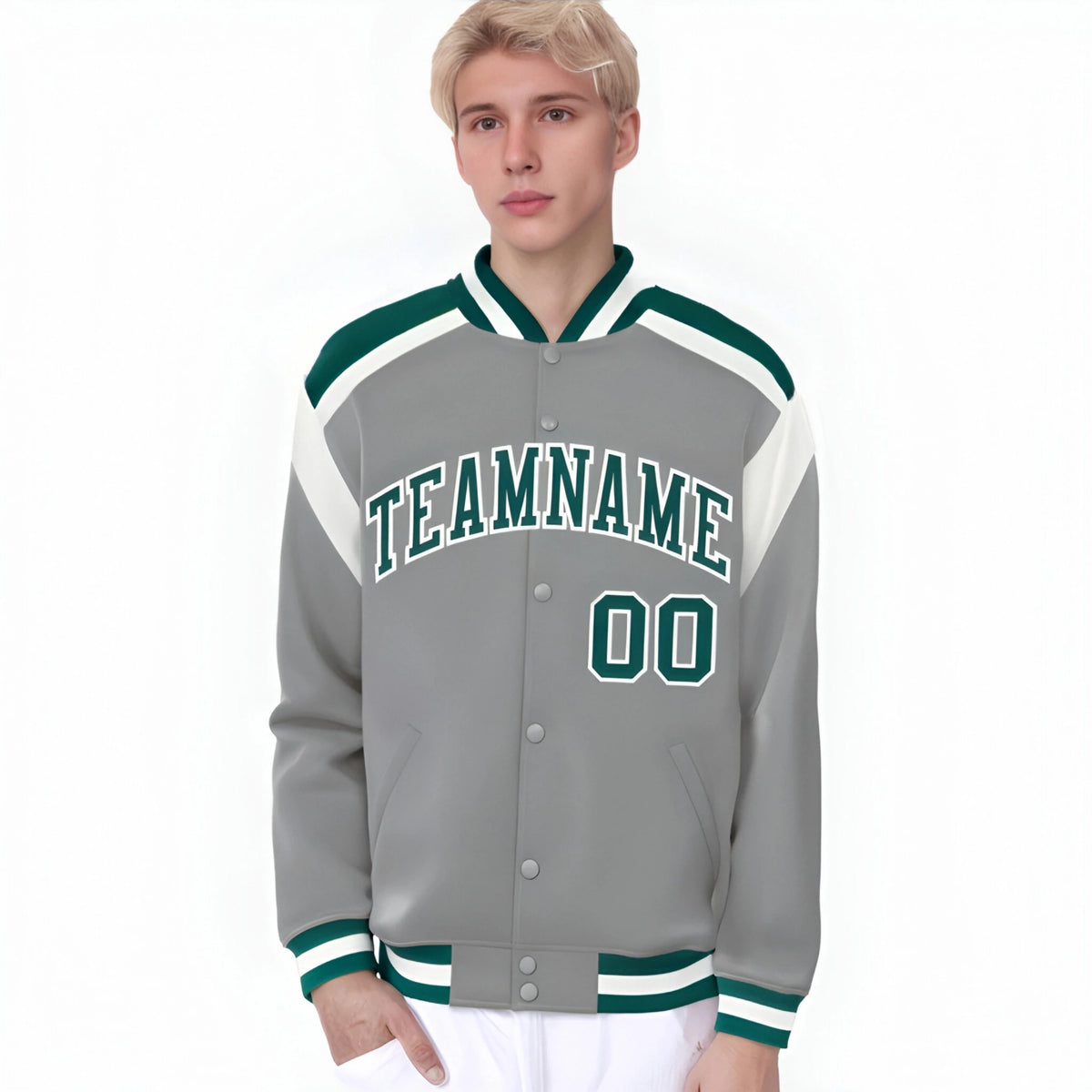 Custom Gray Green-White Bomber Full-Snap Varsity Letterman Shoulder Stripe Jacket