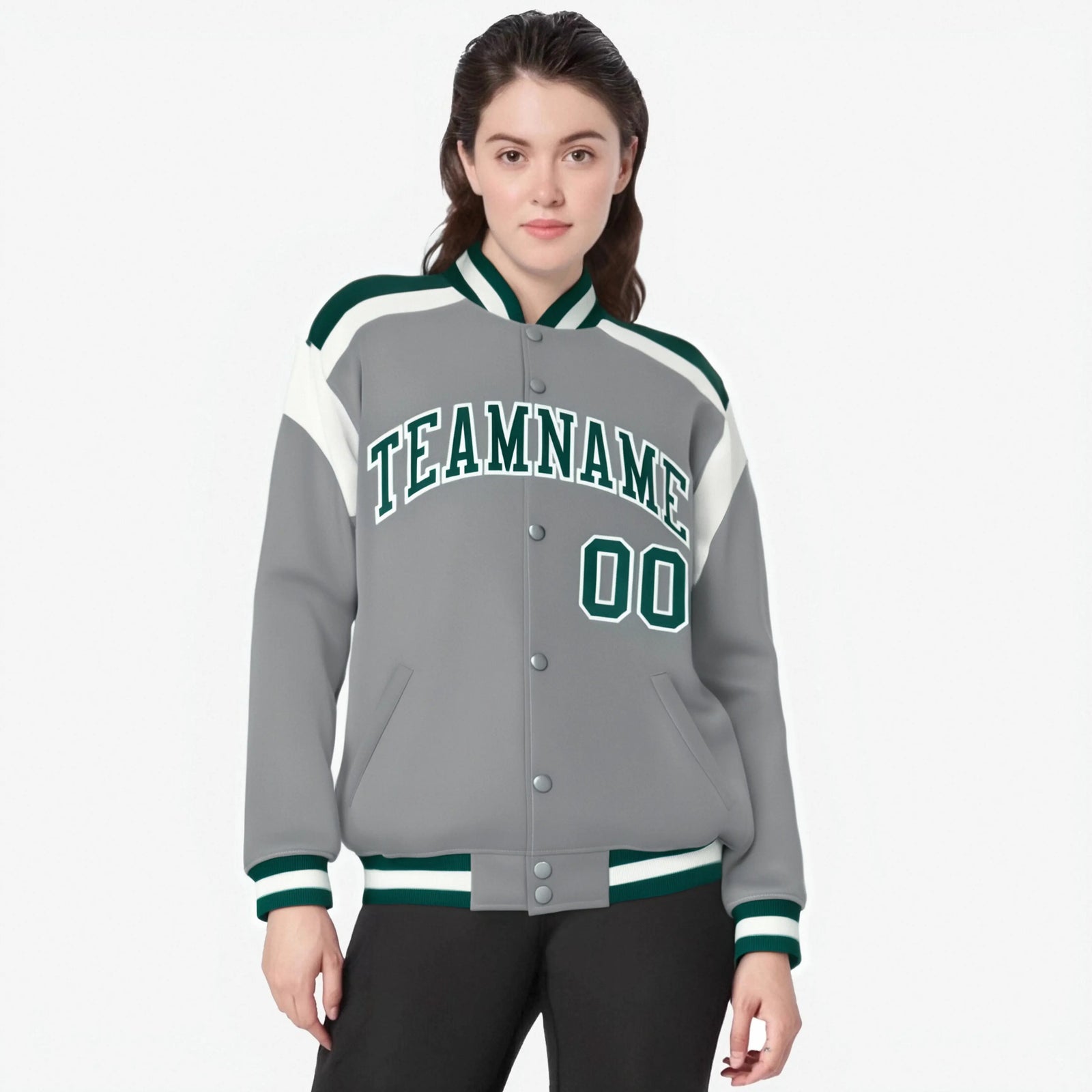 Custom Gray Green-White Bomber Full-Snap Varsity Letterman Shoulder Stripe Jacket