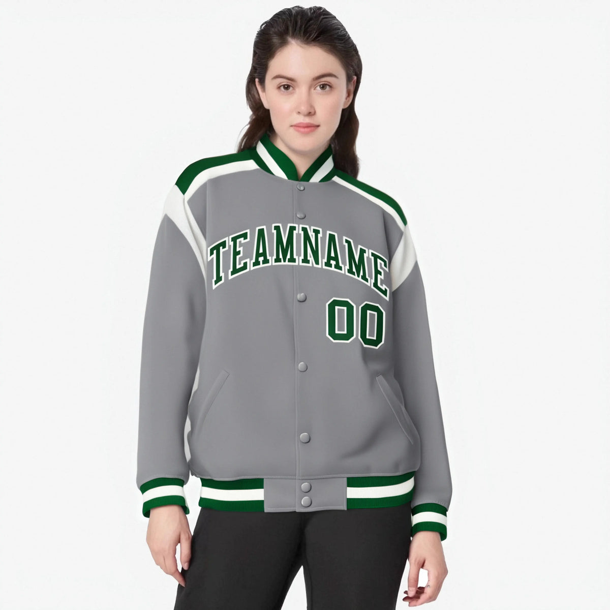 Custom Gray Green-White Bomber Full-Snap Varsity Letterman Shoulder Stripe Jacket
