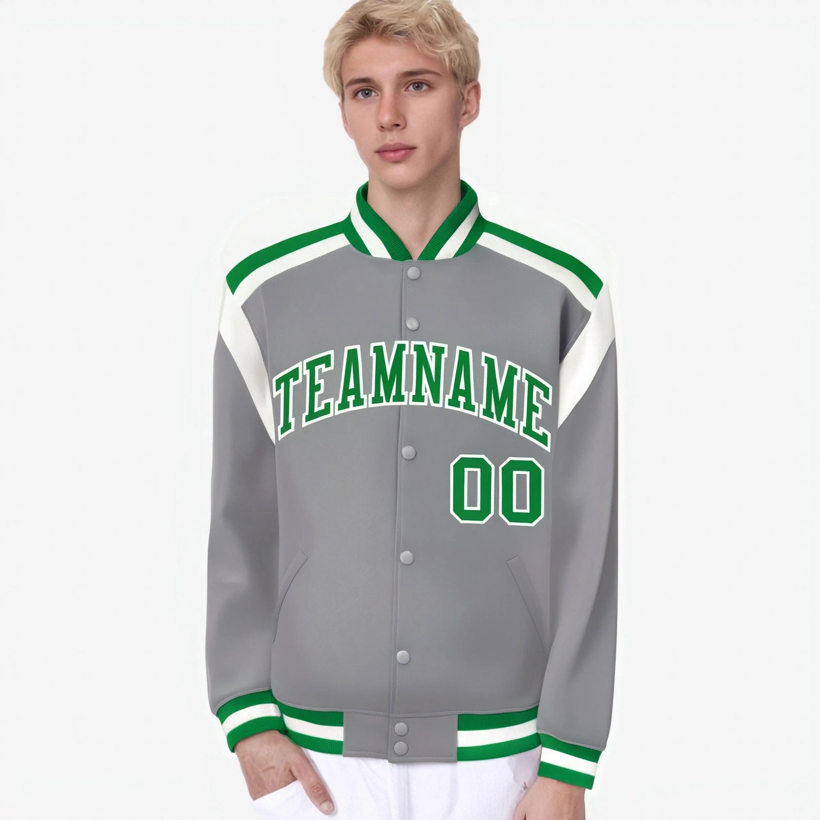 Custom Gray Neon-Green White Bomber Full-Snap Varsity Letterman Shoulder Stripe Jacket