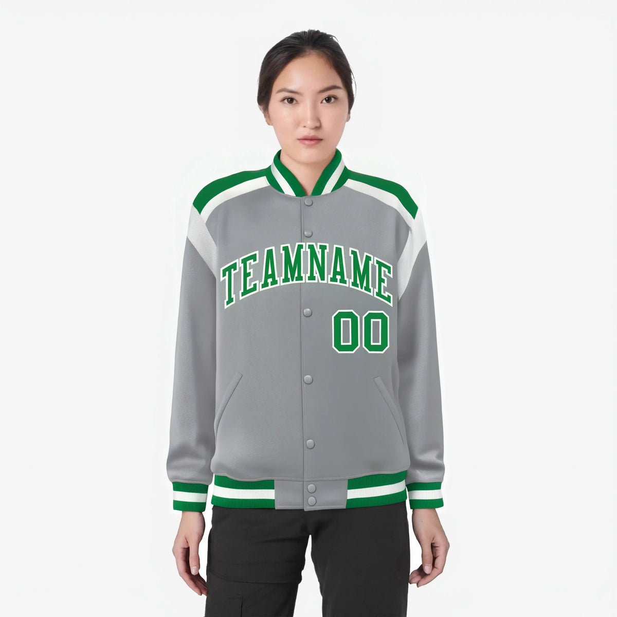 Custom Gray Neon-Green White Bomber Full-Snap Varsity Letterman Shoulder Stripe Jacket