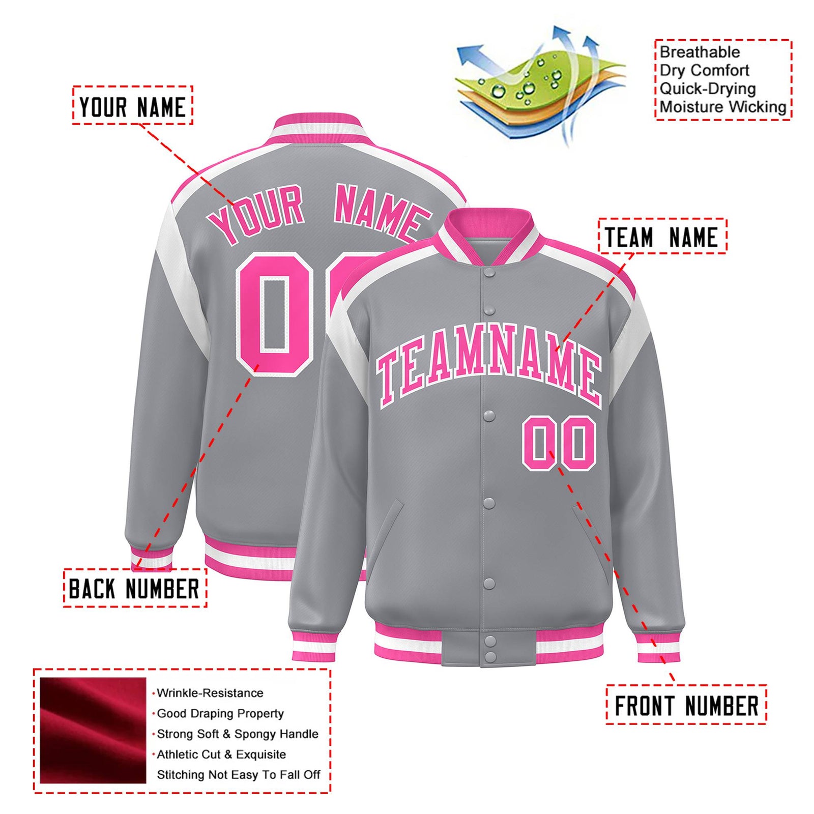Custom Gray Pink-White Bomber Full-Snap Varsity Letterman Shoulder Stripe Jacket