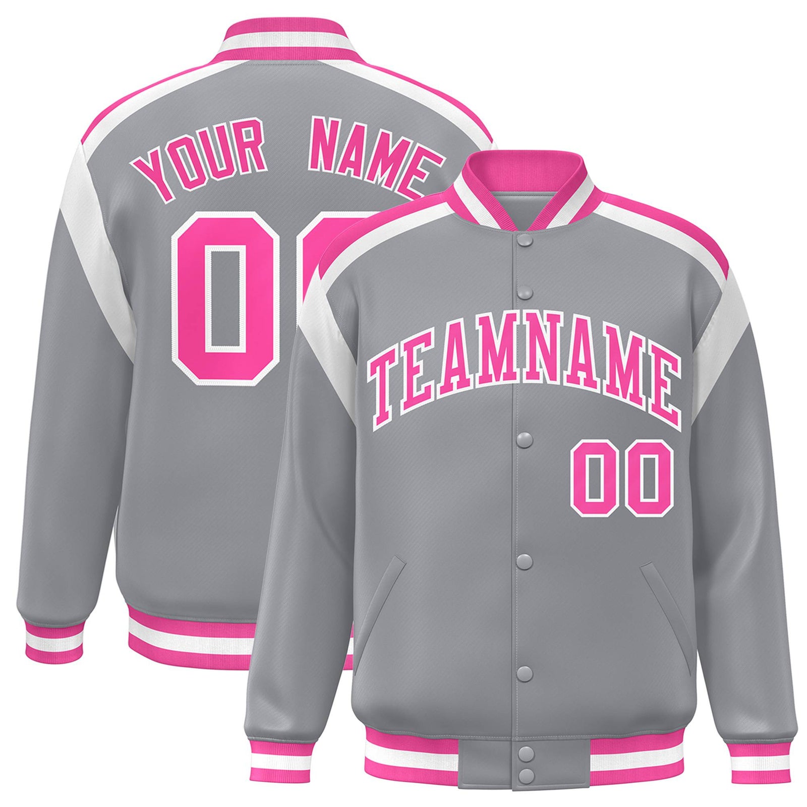 Custom Gray Pink-White Bomber Full-Snap Varsity Letterman Shoulder Stripe Jacket