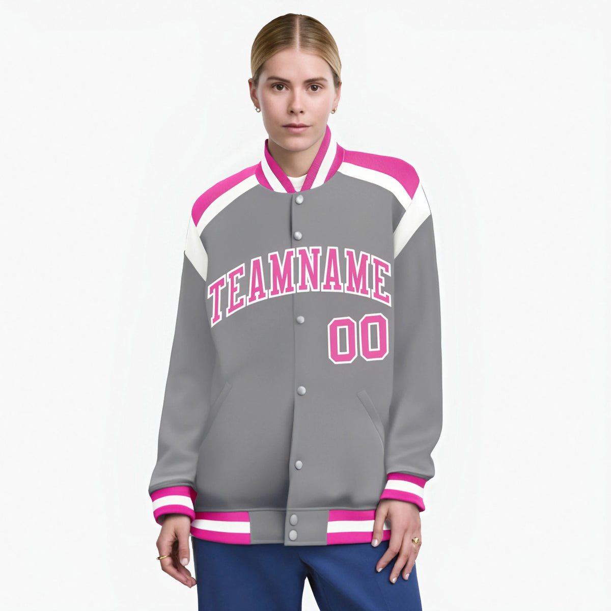 Custom Gray Pink-White Bomber Full-Snap Varsity Letterman Shoulder Stripe Jacket