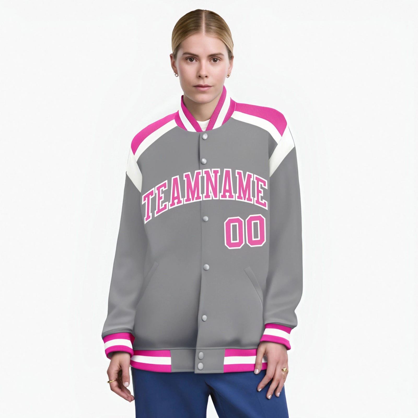 Custom Gray Pink-White Bomber Full-Snap Varsity Letterman Shoulder Stripe Jacket