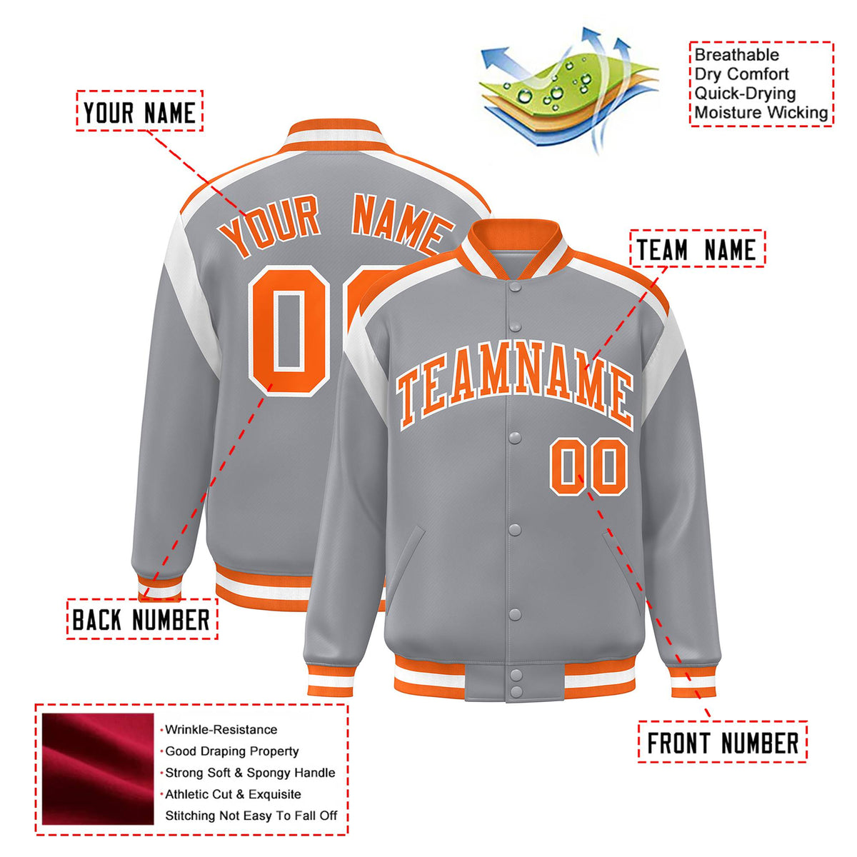 Custom Gray Orange-White Bomber Full-Snap Varsity Letterman Shoulder Stripe Jacket