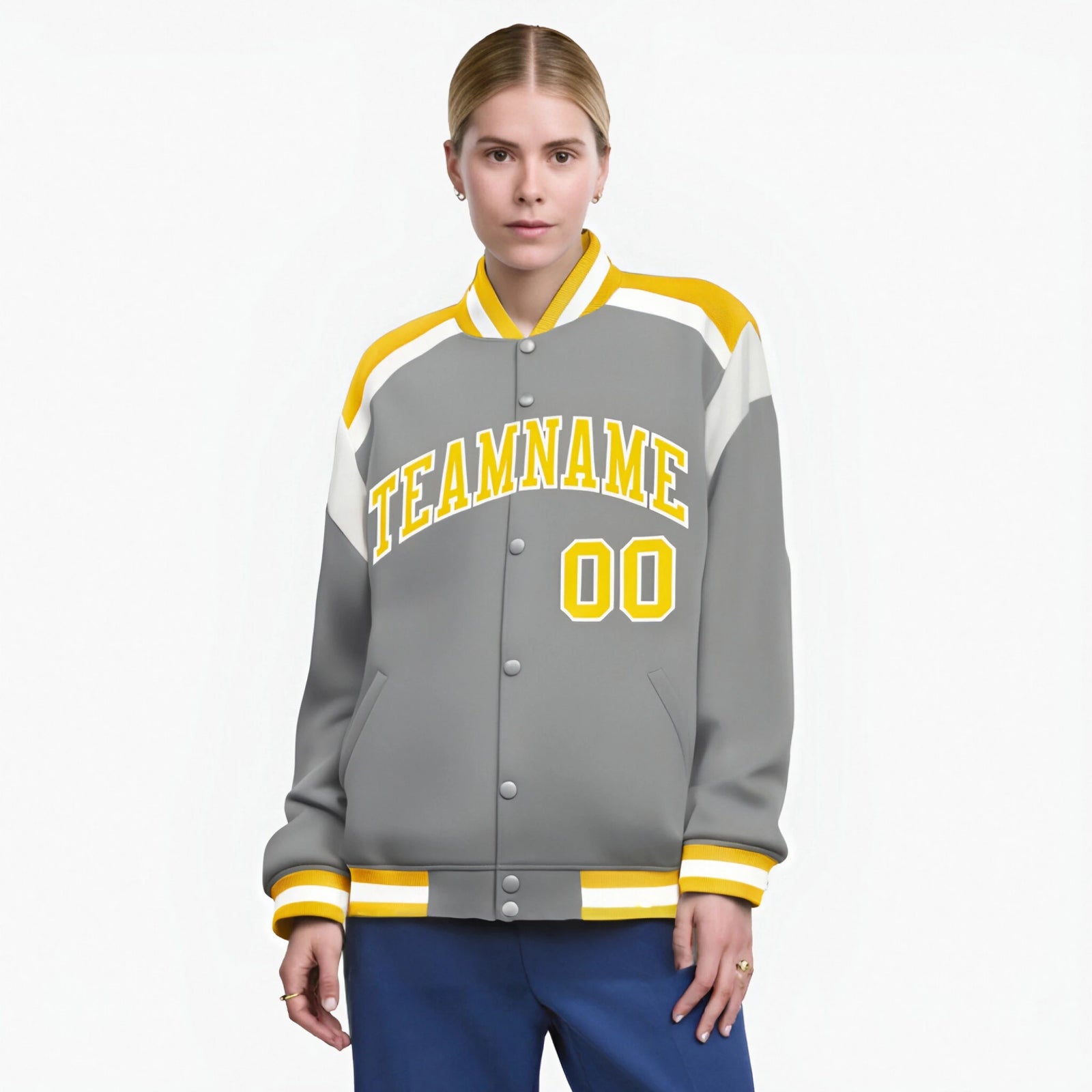 Custom Gray Yellow-White Bomber Full-Snap Varsity Letterman Shoulder Stripe Jacket