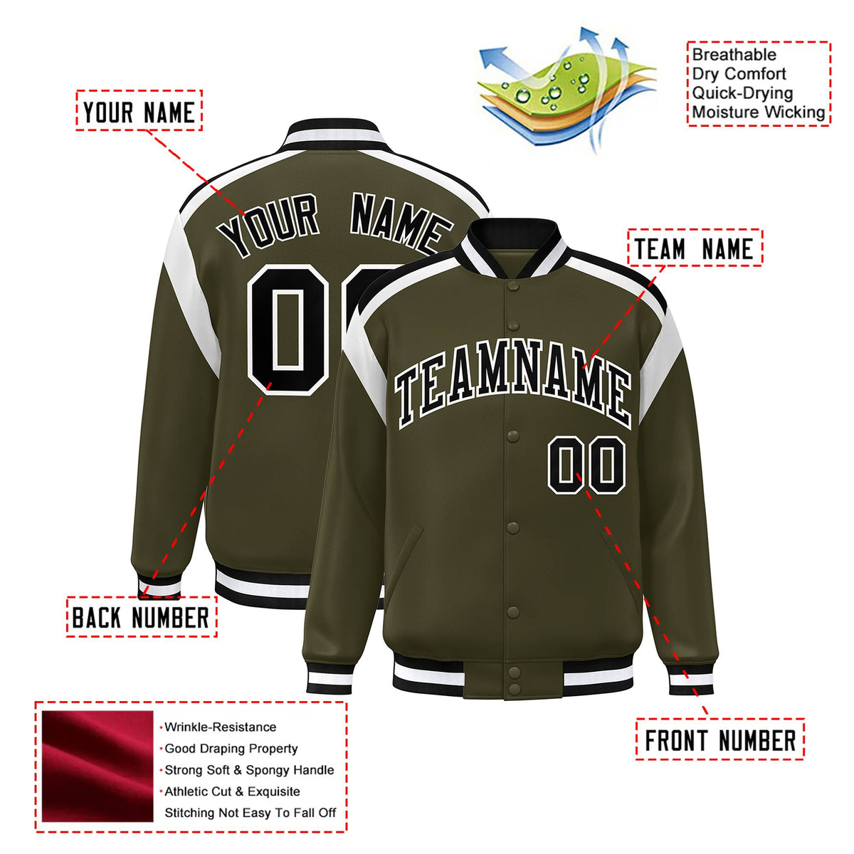 Custom Olive Black-White Bomber Full-Snap Varsity Letterman Shoulder Stripe Jacket