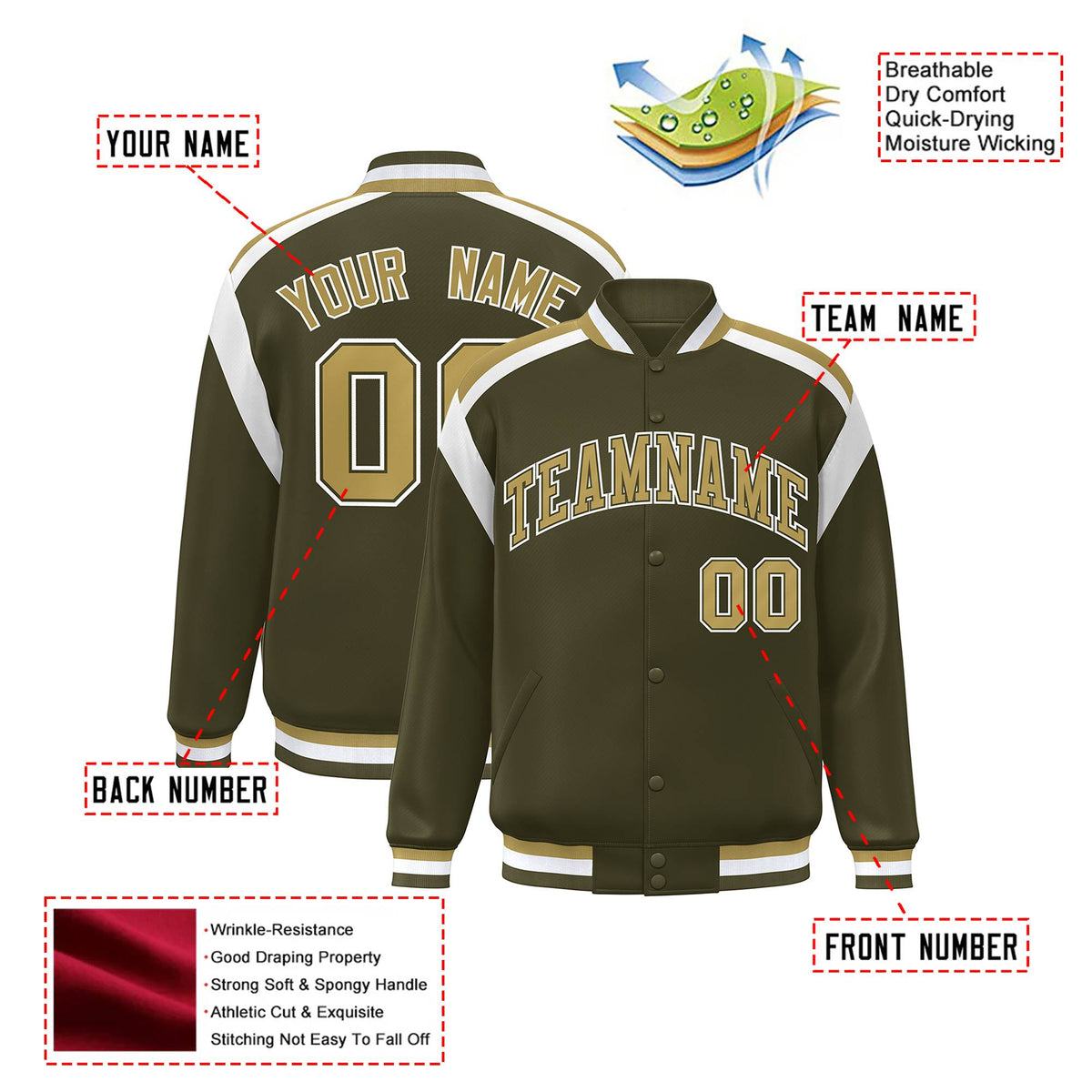 Custom Olive Old-Gold White Bomber Full-Snap Varsity Letterman Shoulder Stripe Jacket