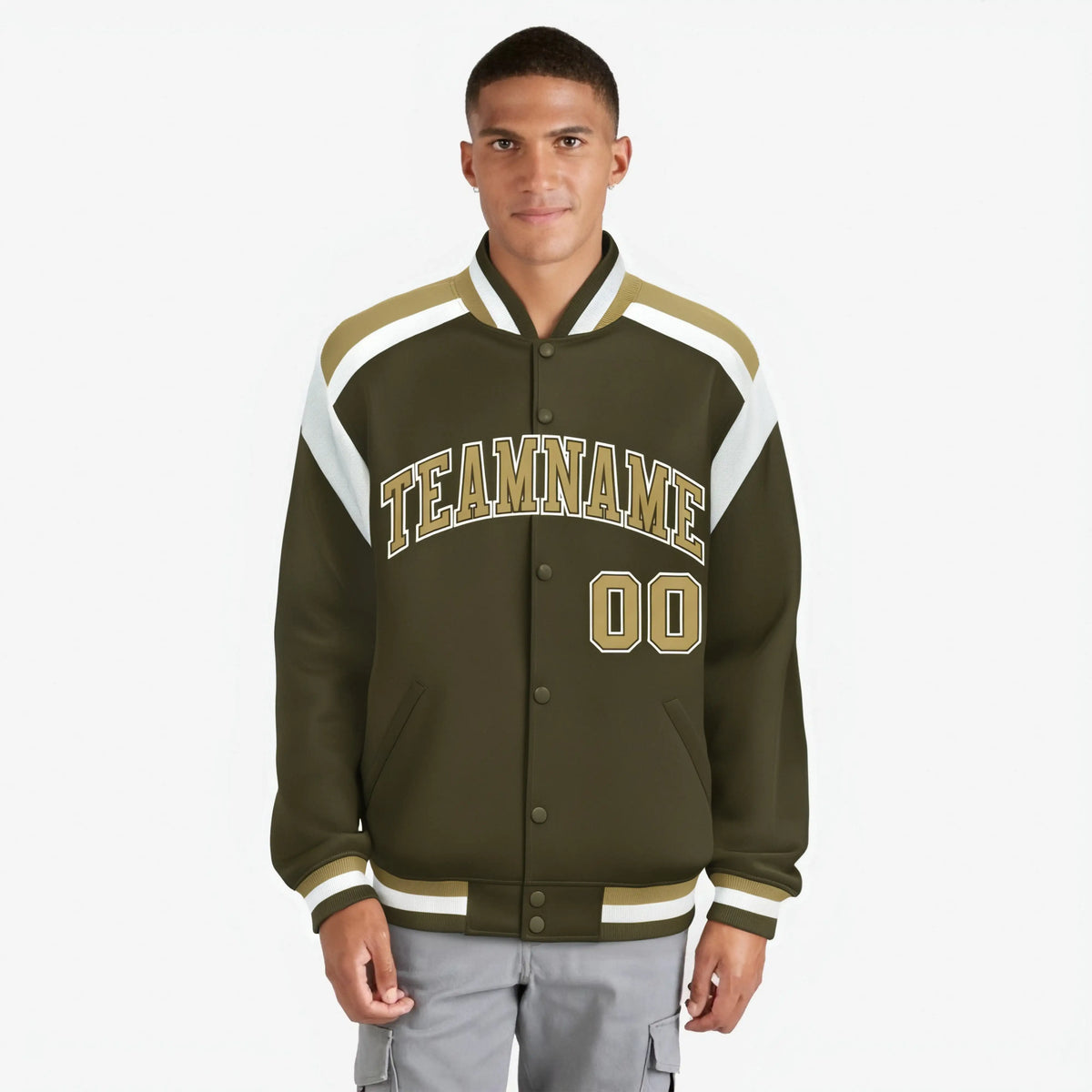 Custom Olive Old-Gold White Bomber Full-Snap Varsity Letterman Shoulder Stripe Jacket