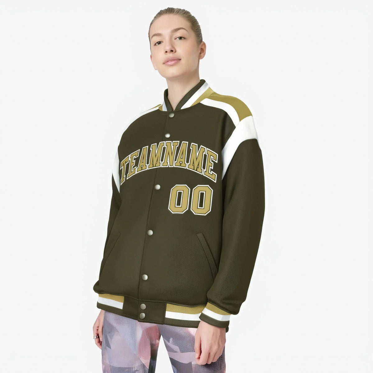 Custom Olive Old-Gold White Bomber Full-Snap Varsity Letterman Shoulder Stripe Jacket