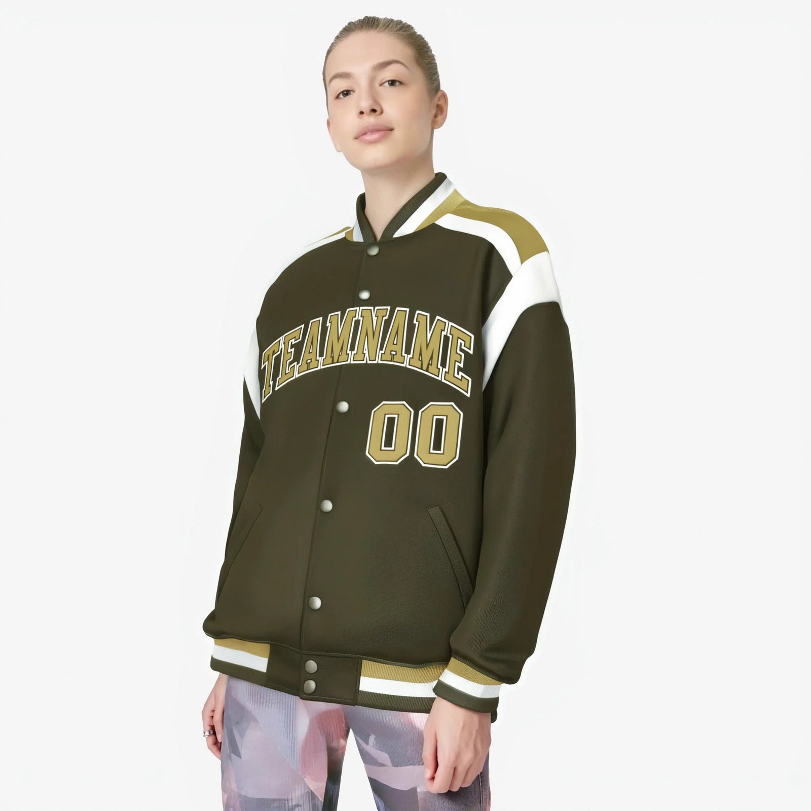 Custom Olive Old-Gold White Bomber Full-Snap Varsity Letterman Shoulder Stripe Jacket