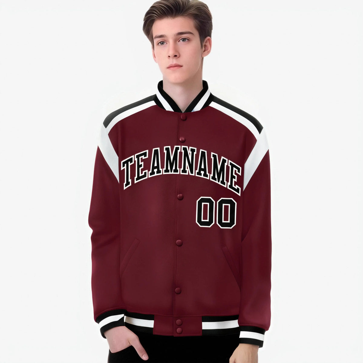 Custom Crimson Black-White Bomber Full-Snap Varsity Letterman Shoulder Stripe Jacket
