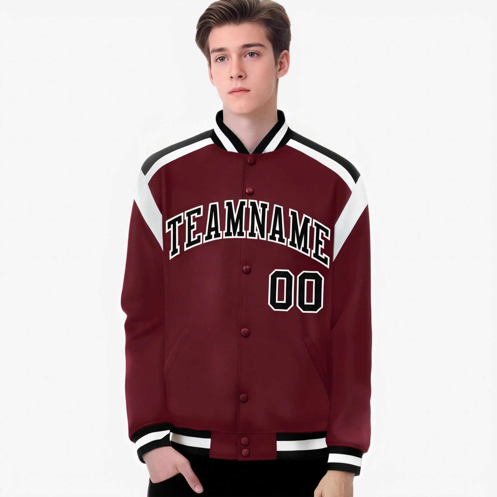 Custom Crimson Black-White Bomber Full-Snap Varsity Letterman Shoulder Stripe Jacket