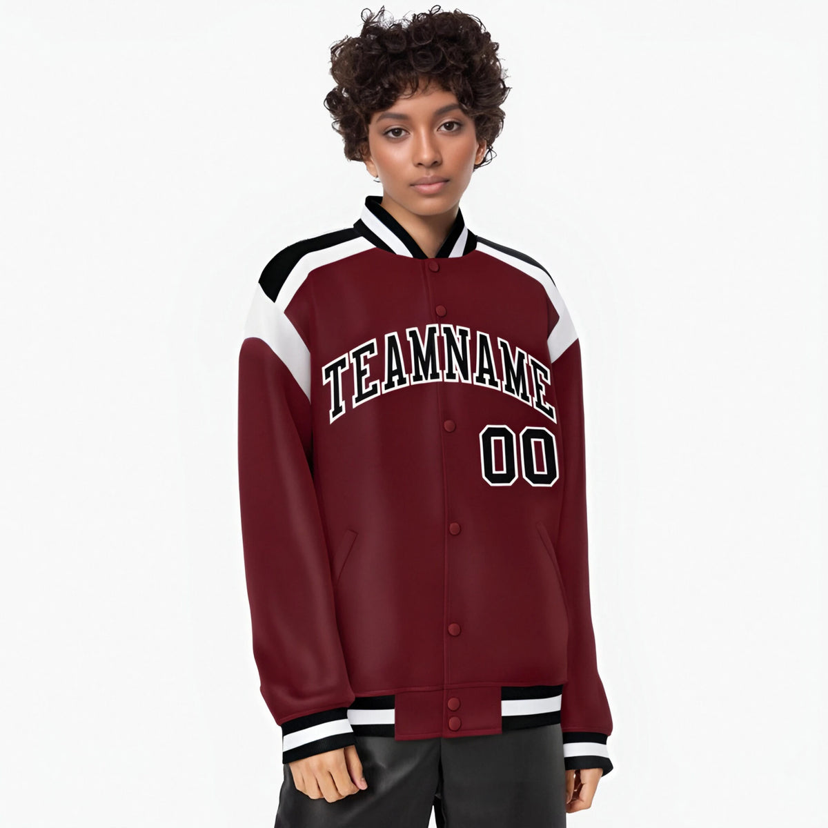 Custom Crimson Black-White Bomber Full-Snap Varsity Letterman Shoulder Stripe Jacket