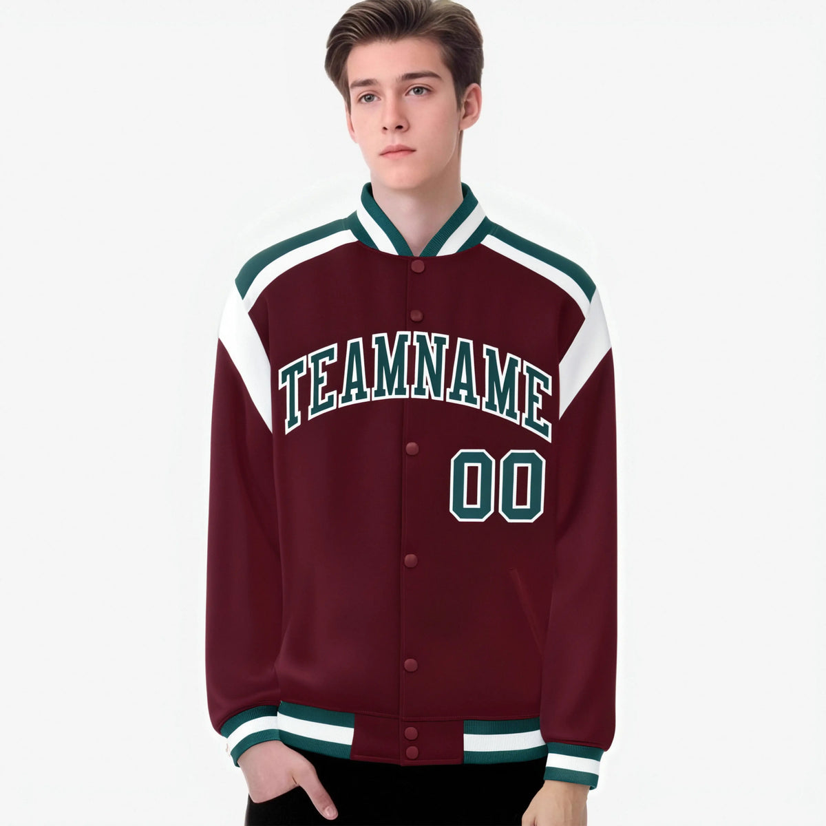 Custom Crimson Midnight-Green White Bomber Full-Snap Varsity Letterman Shoulder Stripe Jacket