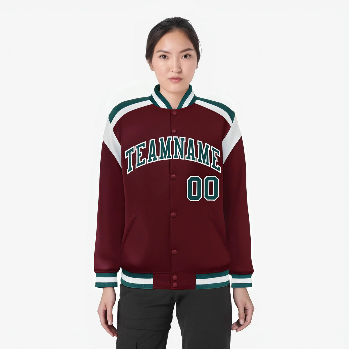 Custom Crimson Midnight-Green White Bomber Full-Snap Varsity Letterman Shoulder Stripe Jacket