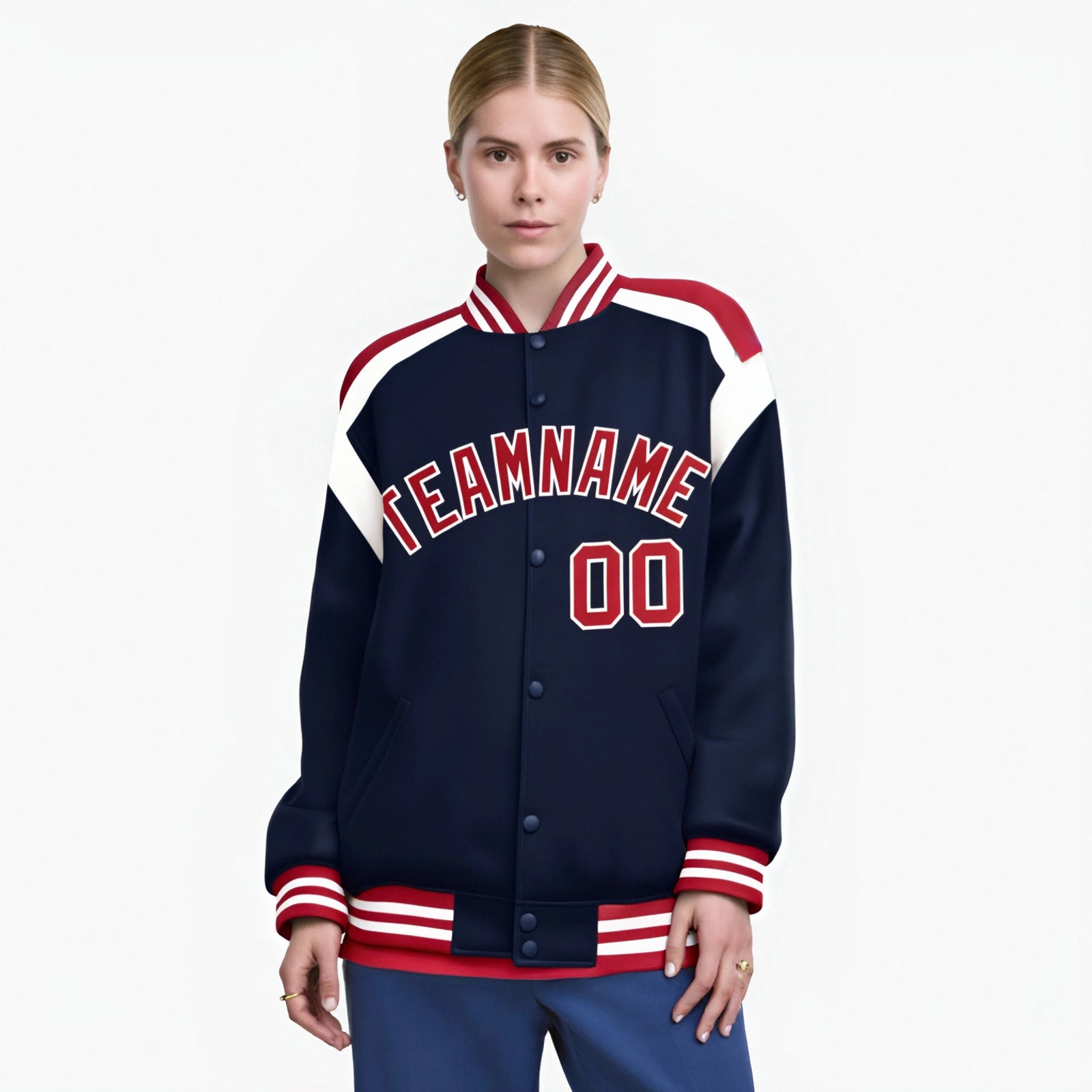Custom Navy Red-White Bomber Full-Snap Varsity Letterman Shoulder Stripe Jacket