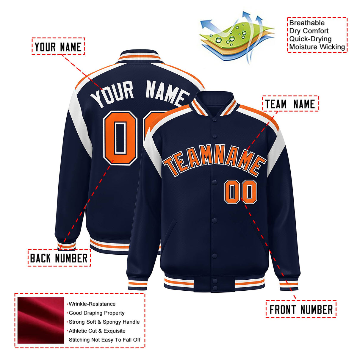 Custom Navy Orange-White Bomber Full-Snap Varsity Letterman Shoulder Stripe Jacket