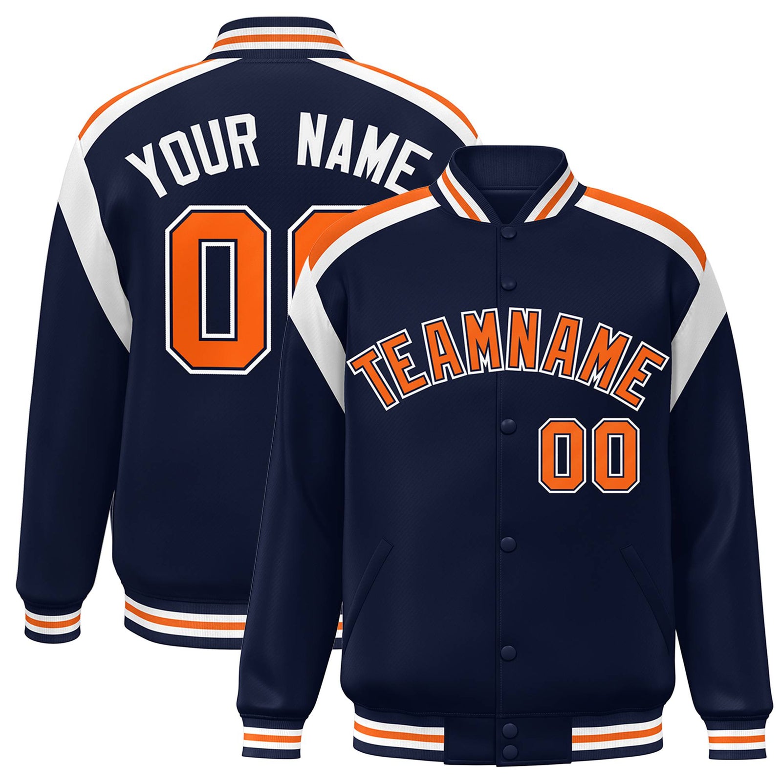 Custom Navy Orange-White Bomber Full-Snap Varsity Letterman Shoulder Stripe Jacket