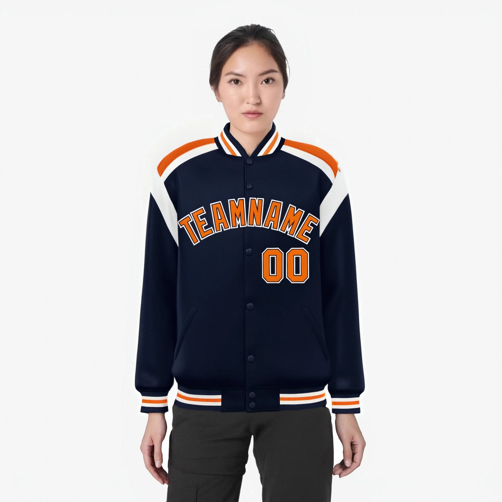 Custom Navy Orange-White Bomber Full-Snap Varsity Letterman Shoulder Stripe Jacket