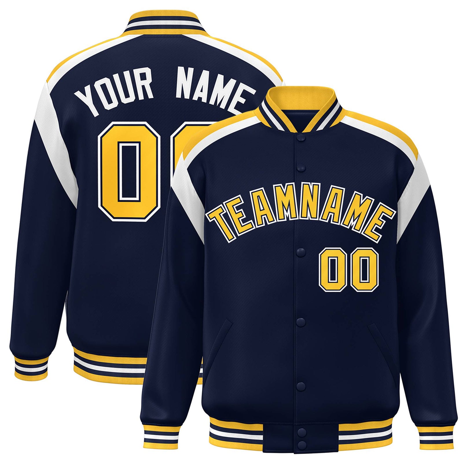 Custom Navy Yellow-White Bomber Full-Snap Varsity Letterman Shoulder Stripe Jacket