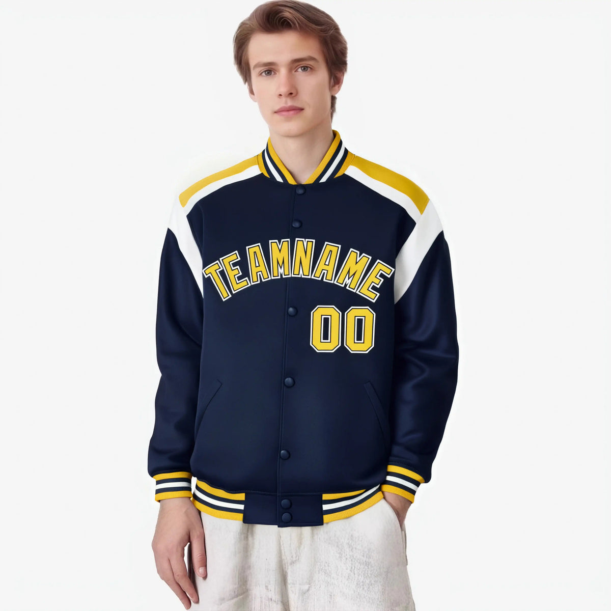 Custom Navy Yellow-White Bomber Full-Snap Varsity Letterman Shoulder Stripe Jacket