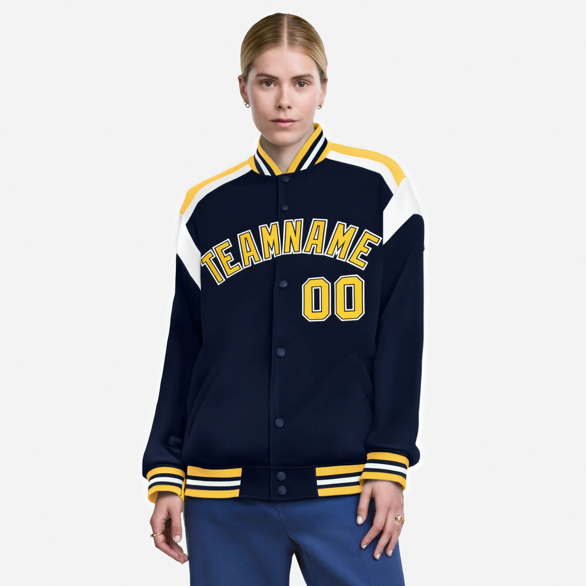 Custom Navy Yellow-White Bomber Full-Snap Varsity Letterman Shoulder Stripe Jacket