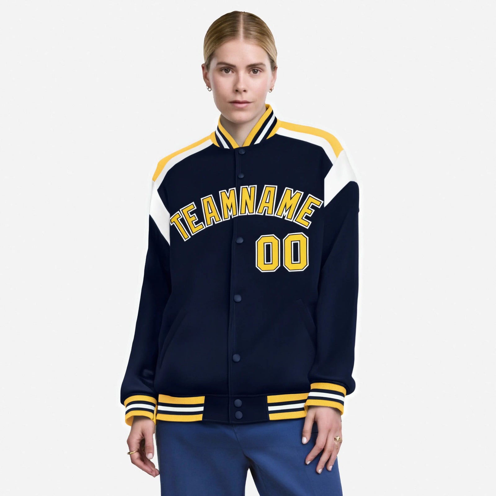 Custom Navy Yellow-White Bomber Full-Snap Varsity Letterman Shoulder Stripe Jacket