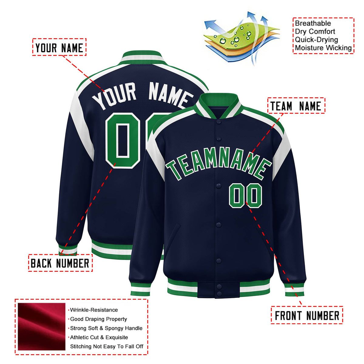 Custom Navy Neon-Green White Bomber Full-Snap Varsity Letterman Shoulder Stripe Jacket