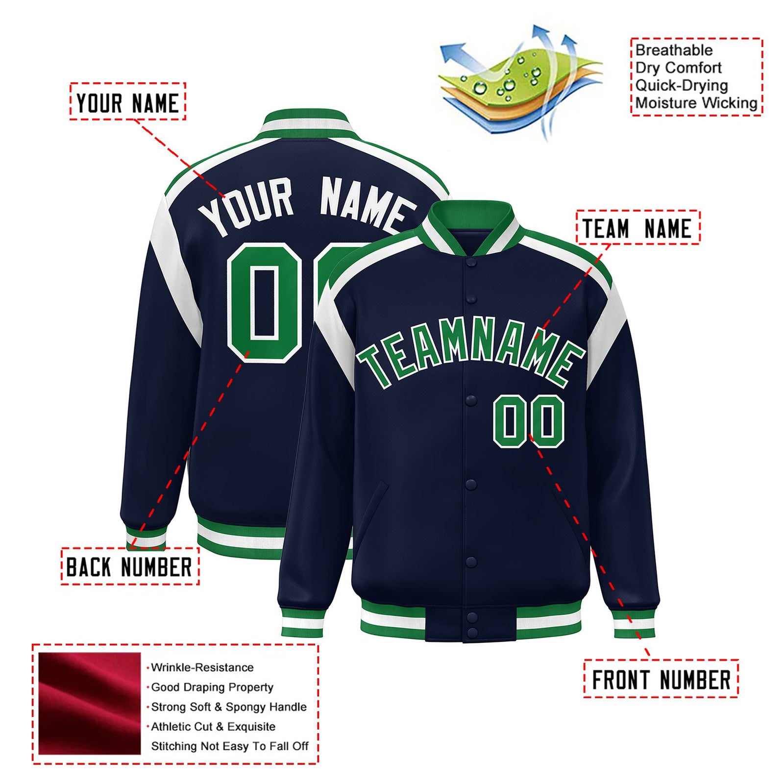 Custom Navy Neon-Green White Bomber Full-Snap Varsity Letterman Shoulder Stripe Jacket