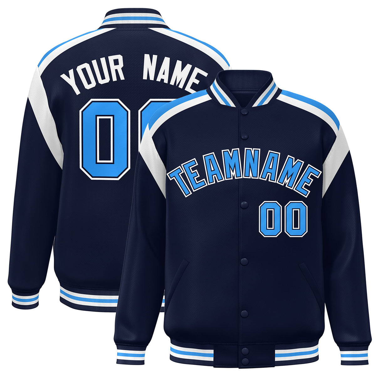 Custom Navy Sky-Blue White Bomber Full-Snap Varsity Letterman Shoulder Stripe Jacket