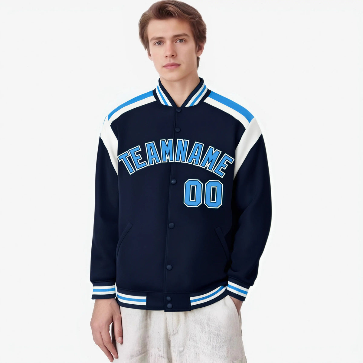 Custom Navy Sky-Blue White Bomber Full-Snap Varsity Letterman Shoulder Stripe Jacket