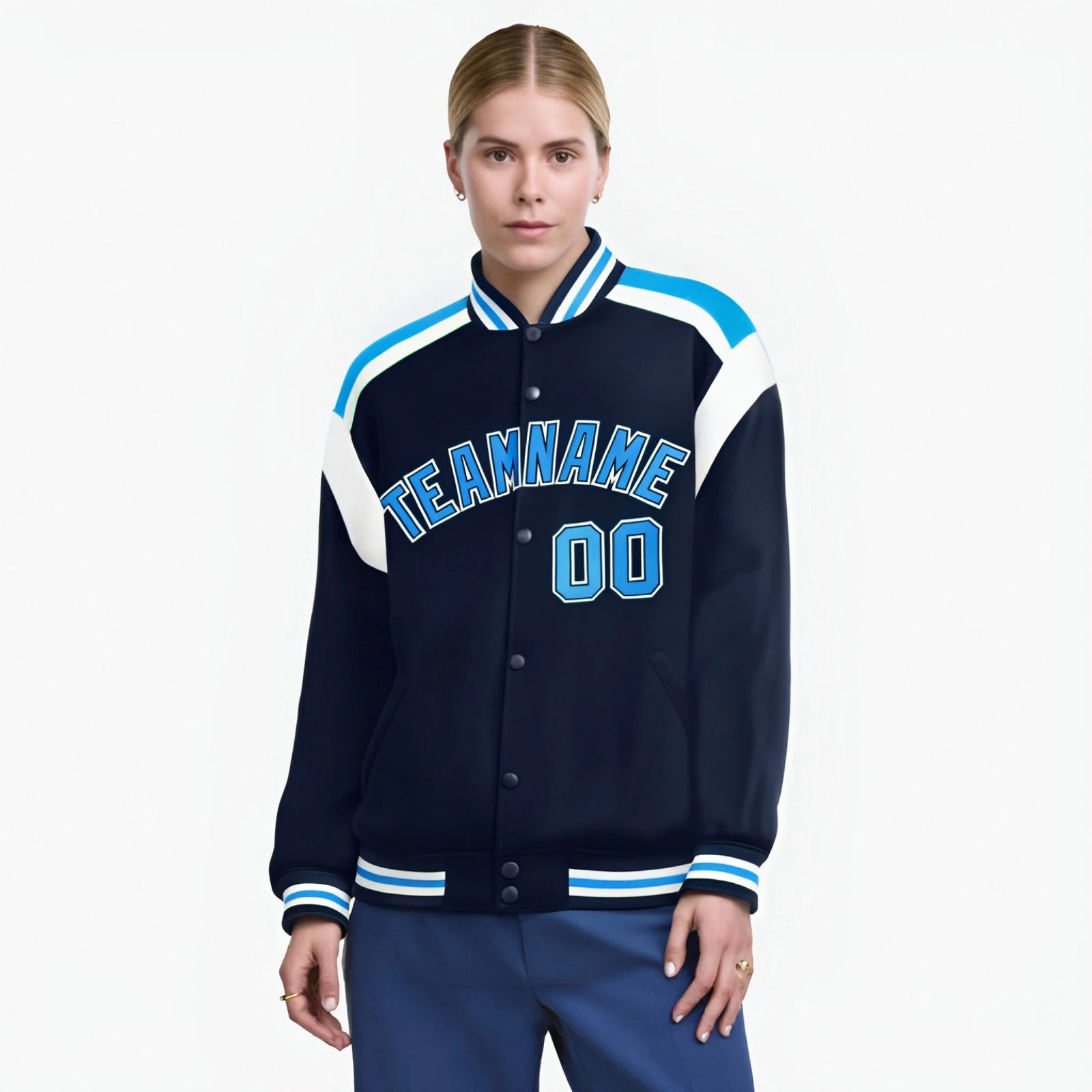 Custom Navy Sky-Blue White Bomber Full-Snap Varsity Letterman Shoulder Stripe Jacket