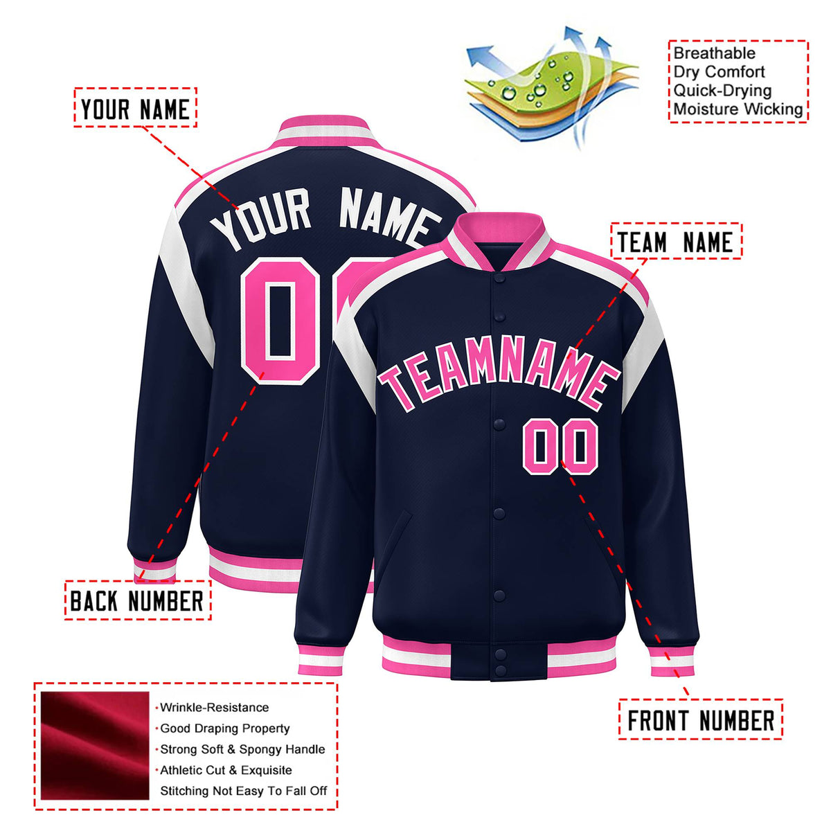 Custom Navy Pink-White Bomber Full-Snap Varsity Letterman Shoulder Stripe Jacket