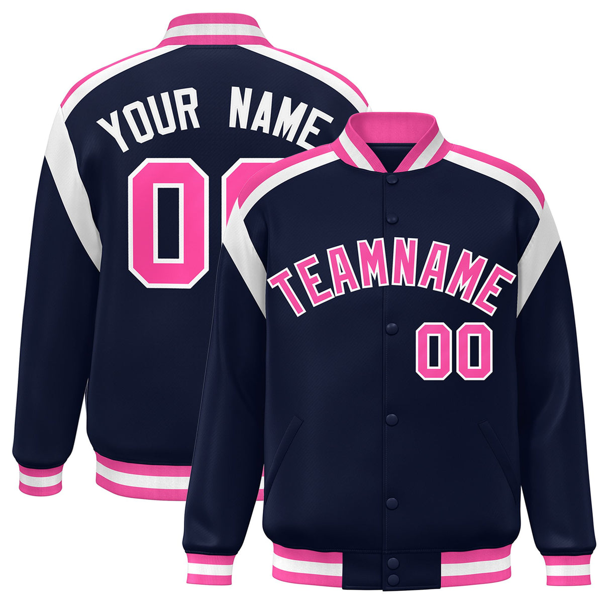 Custom Navy Pink-White Bomber Full-Snap Varsity Letterman Shoulder Stripe Jacket