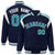 Custom Navy Aqua-White Bomber Full-Snap Varsity Letterman Shoulder Stripe Jacket