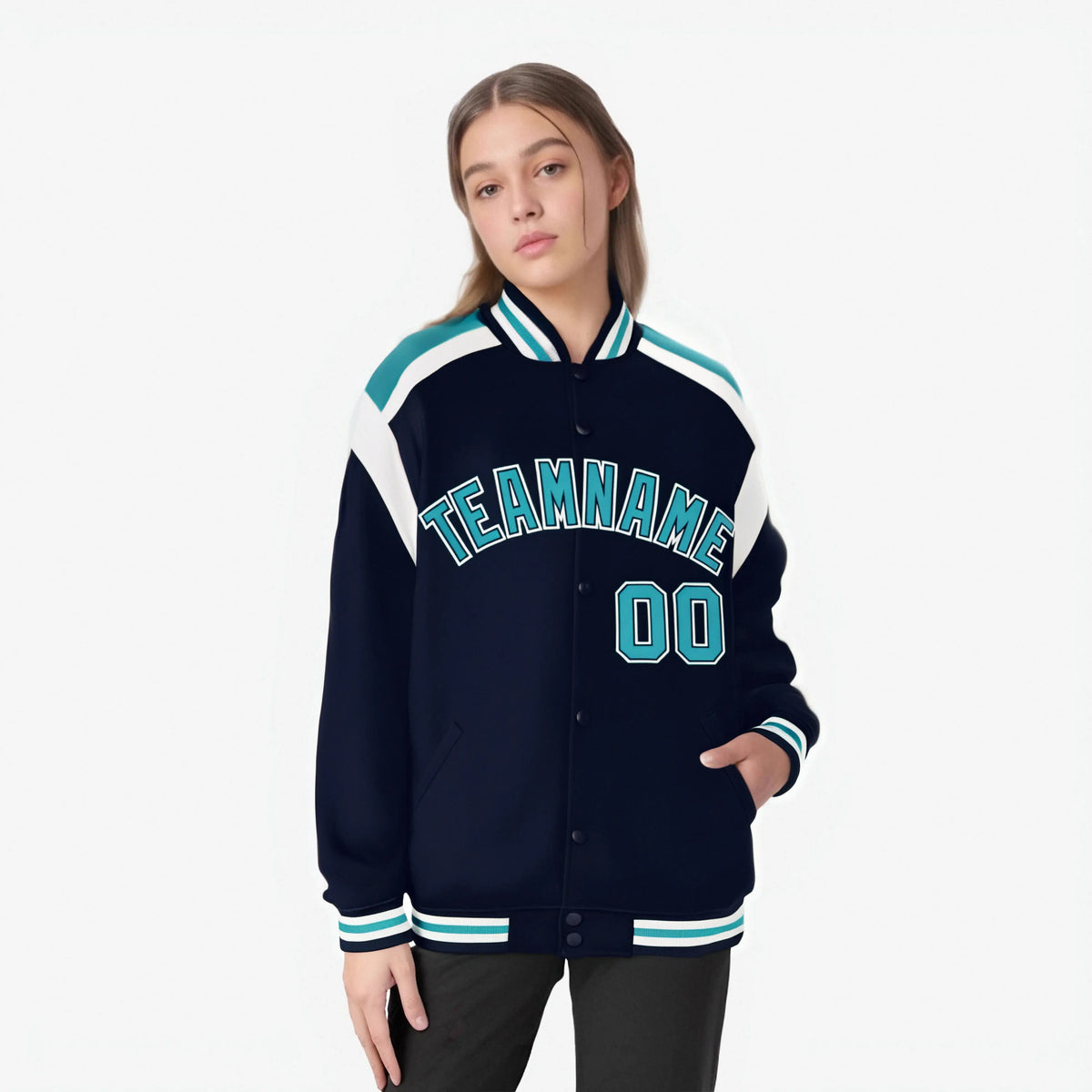 Custom Navy Aqua-White Bomber Full-Snap Varsity Letterman Shoulder Stripe Jacket