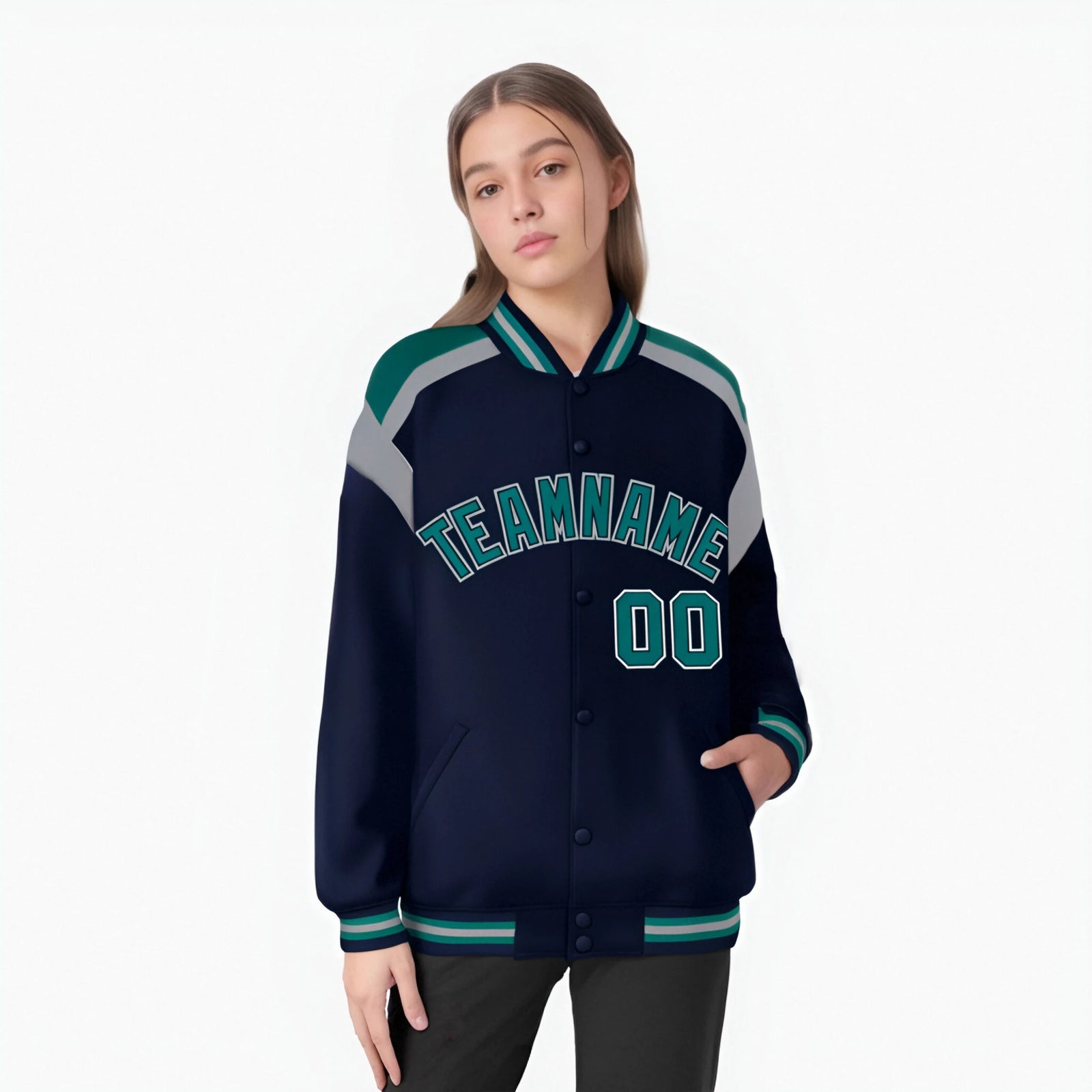 Custom Navy Kelly-Green Gray Bomber Full-Snap Varsity Letterman Shoulder Stripe Jacket