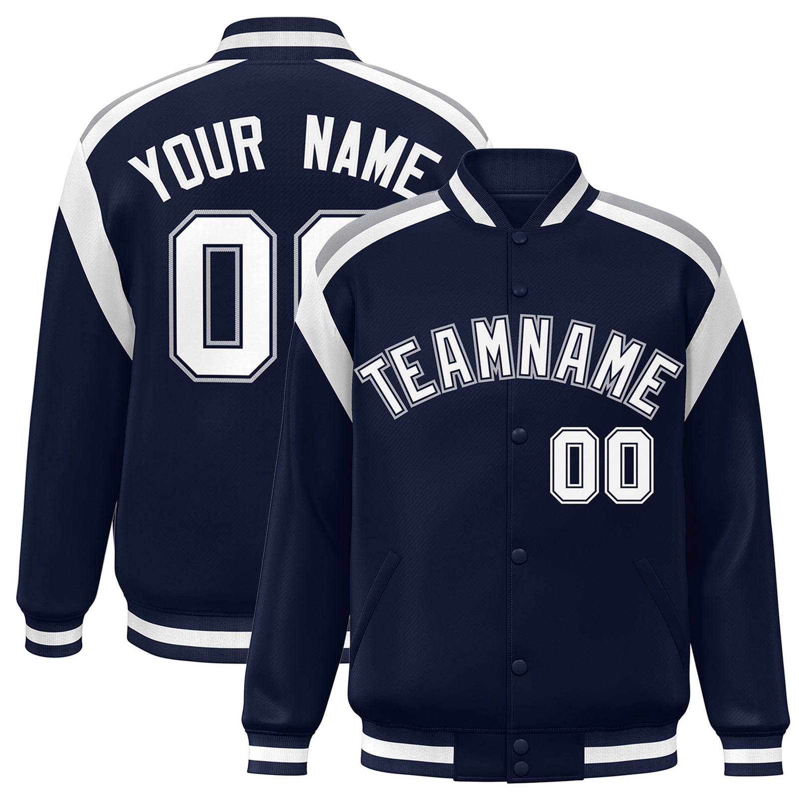 Custom Navy White-Gray Bomber Full-Snap Varsity Letterman Shoulder Stripe Jacket