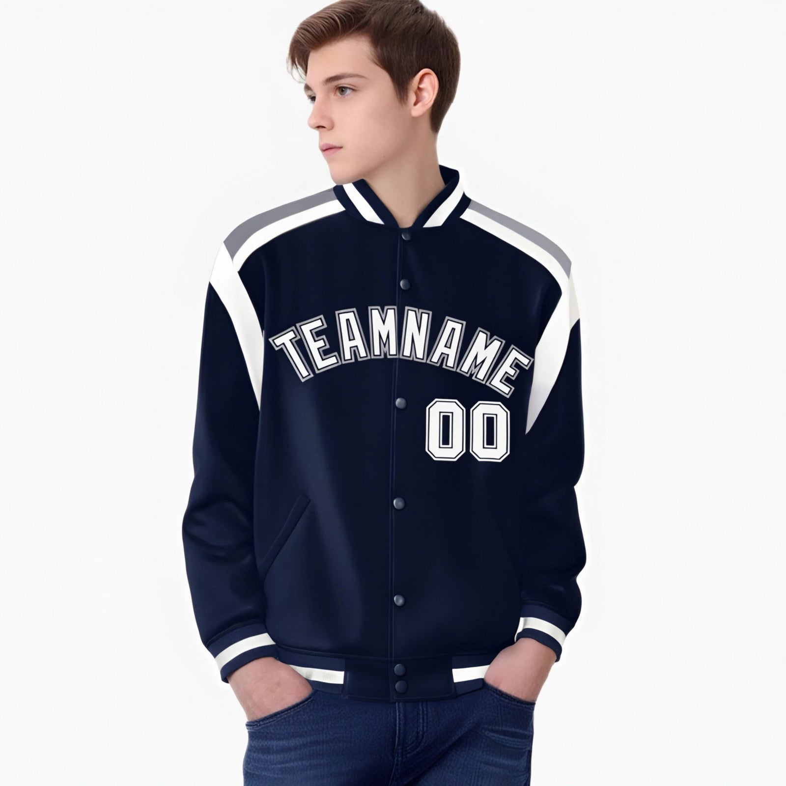 Custom Navy White-Gray Bomber Full-Snap Varsity Letterman Shoulder Stripe Jacket