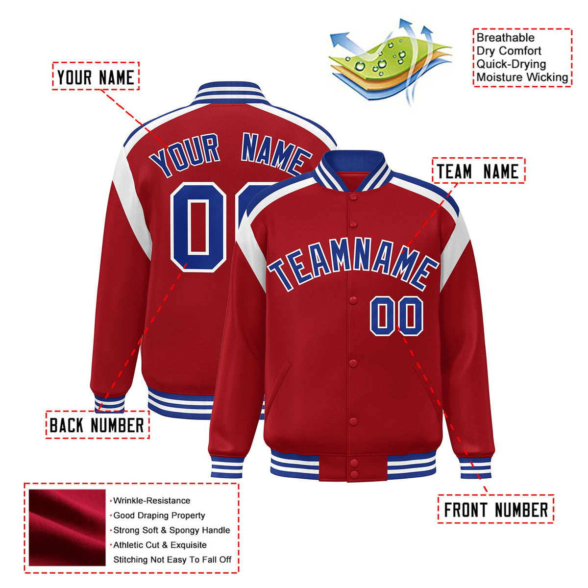 Custom Royal Red Blue-White Bomber Full-Snap Varsity Letterman Shoulder Stripe Jacket