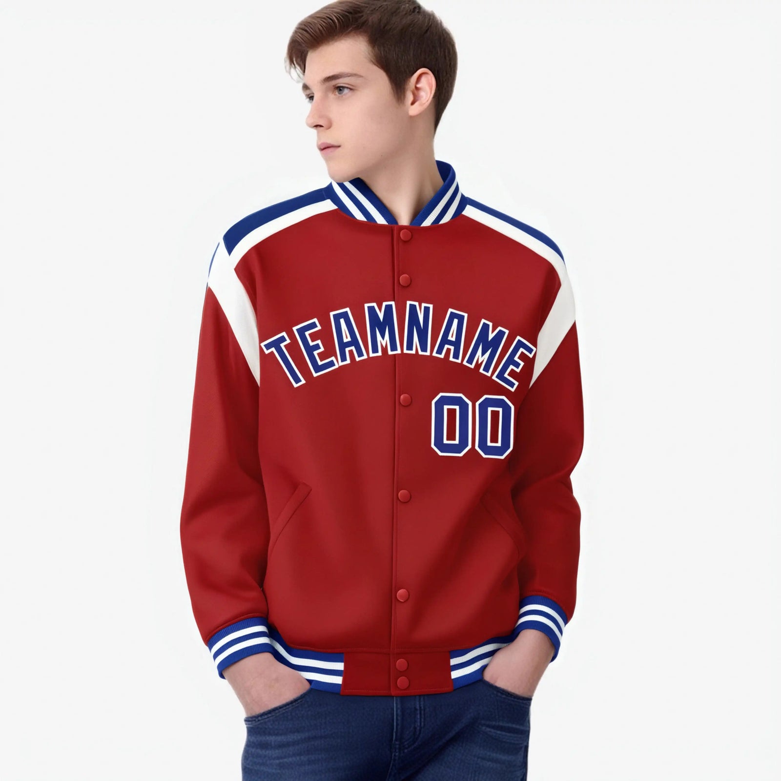 Custom Royal Red Blue-White Bomber Full-Snap Varsity Letterman Shoulder Stripe Jacket